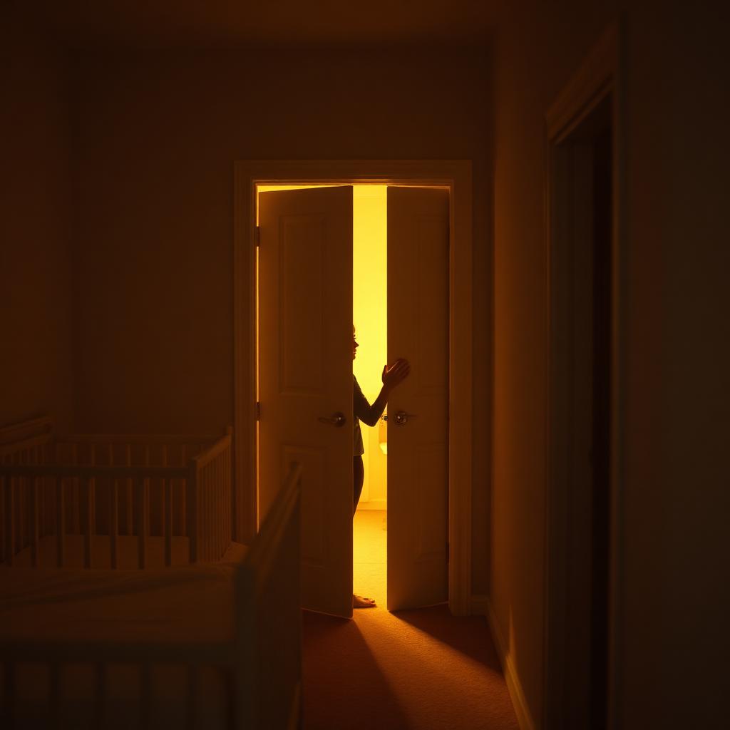 A parent quietly closing a nursery door, soft hallway light spilling in.